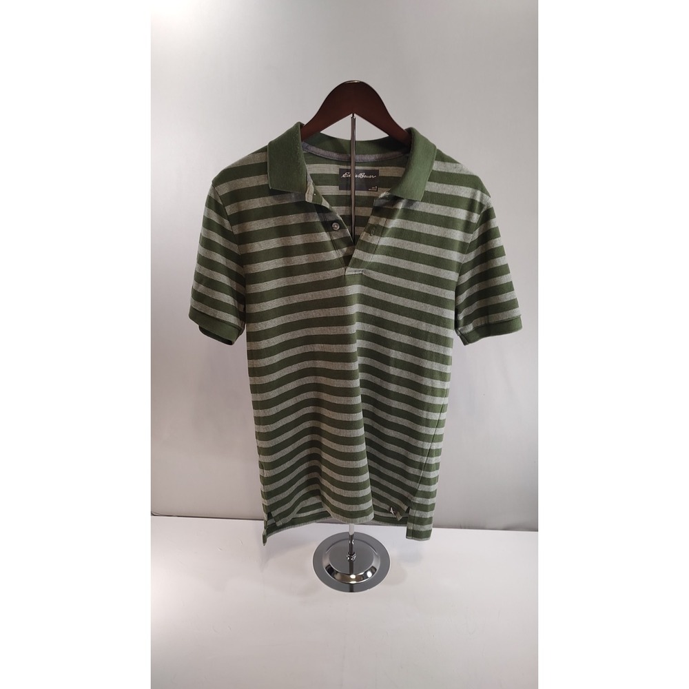 Eddie Bauer Mens Polo Shirt Small Striped Short Sleeve Olive Green Gray